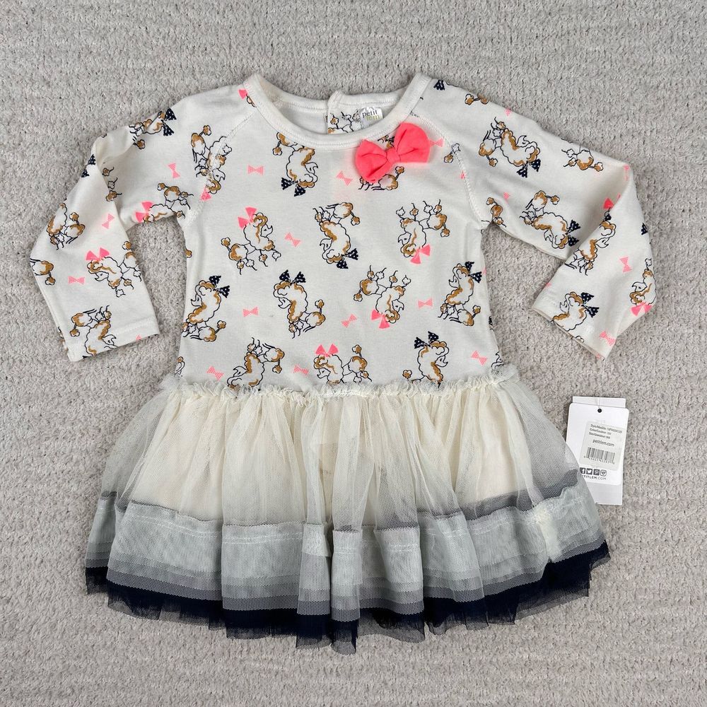 Petit Lem Dress Girls 9M‎ Ivory Poodle Dog Tulle Skirted Layered Long Sleeve